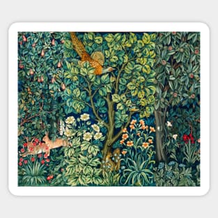 GREENERY,FOREST ANIMALS Pheasant on Tree,Squirrel,Hares,Blue Green Floral Tapestry Sticker